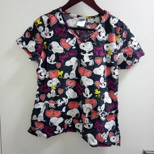 Peanuts, Snoopy and Woodstock, Short Sleeved, Ladies, Scrub Top With Two Pockets